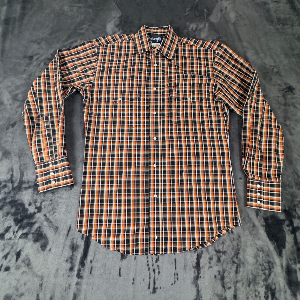 Wrangler Western Shirt Mens Small Orange Black Plaid Pearl Snap MWR182M